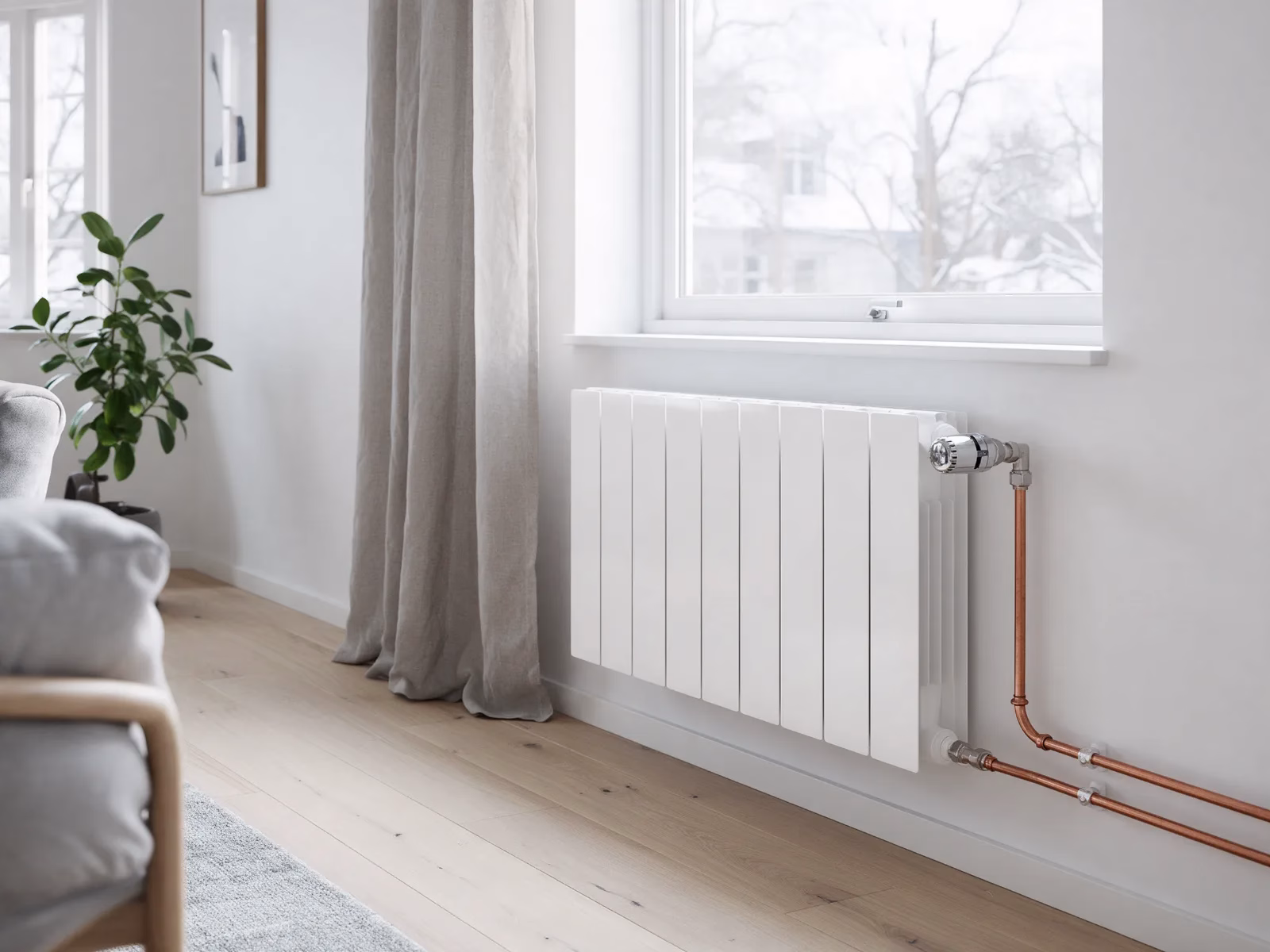 Vit vattenburen radiator med kopparrör och termostat under fönster i ljust vardagsrum